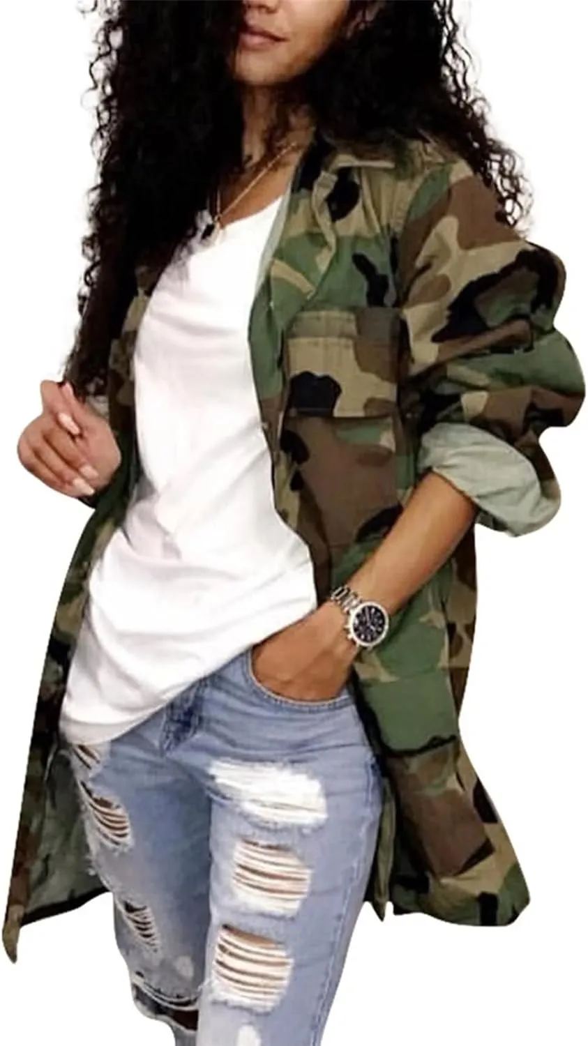 Sexy Camouflage Jacket for Women Army Fatigue Long Cargo Jackets Trench Coat Plus Size