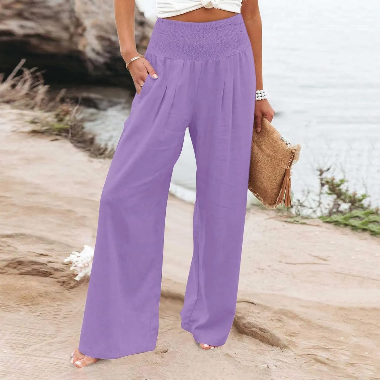 SHAOBGE Women Linen Palazzo Pants Summer Boho Wide Leg High Waist Casual Lounge Pant Trousers with Pockets
