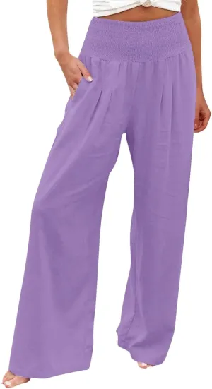 SHAOBGE Women Linen Palazzo Pants Summer Boho Wide Leg High Waist Casual Lounge Pant Trousers with Pockets