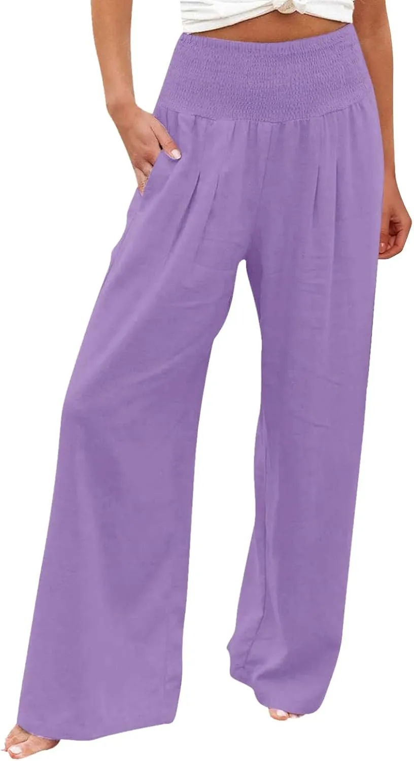 SHAOBGE Women Linen Palazzo Pants Summer Boho Wide Leg High Waist Casual Lounge Pant Trousers with Pockets