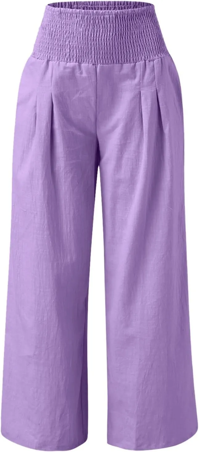 SHAOBGE Women Linen Palazzo Pants Summer Boho Wide Leg High Waist Casual Lounge Pant Trousers with Pockets