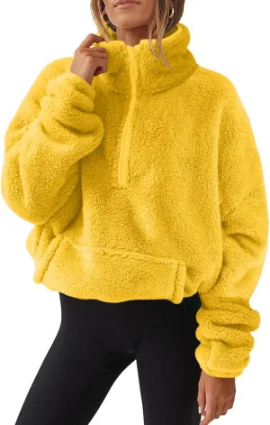 Sherpa Jacket Women Lined Quarter Zip Pullover Winter Clothes for Women Long Sleeve Fluffy Soft Fleece Jackets Yellow