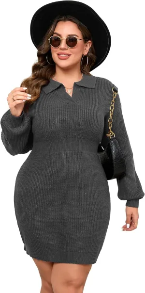 ShopWonder Women Plus Size V-neck Long Sleeve Knit Stretchable Elasticity Slim Sweater Bodycon Midi Pullover Sweater Dress
