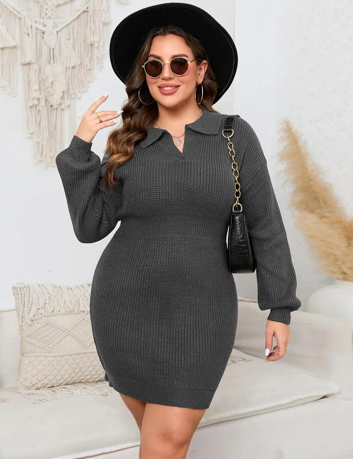 ShopWonder Women Plus Size V-neck Long Sleeve Knit Stretchable Elasticity Slim Sweater Bodycon Midi Pullover Sweater Dress