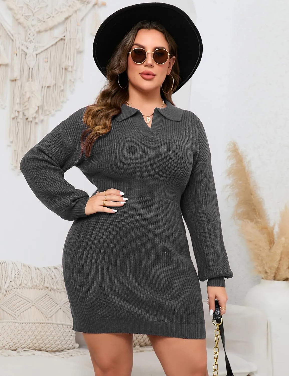 ShopWonder Women Plus Size V-neck Long Sleeve Knit Stretchable Elasticity Slim Sweater Bodycon Midi Pullover Sweater Dress