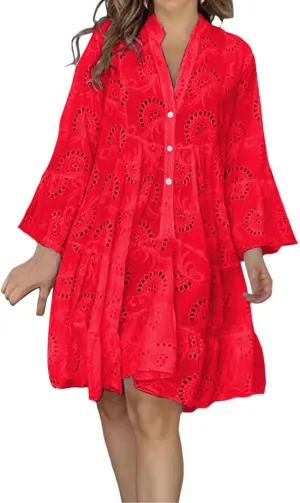 Short Dresses for Women Casual Summer Mini Dress Crochet Plus Size Button Down V Neck Dress T Shirt Beach Sundress