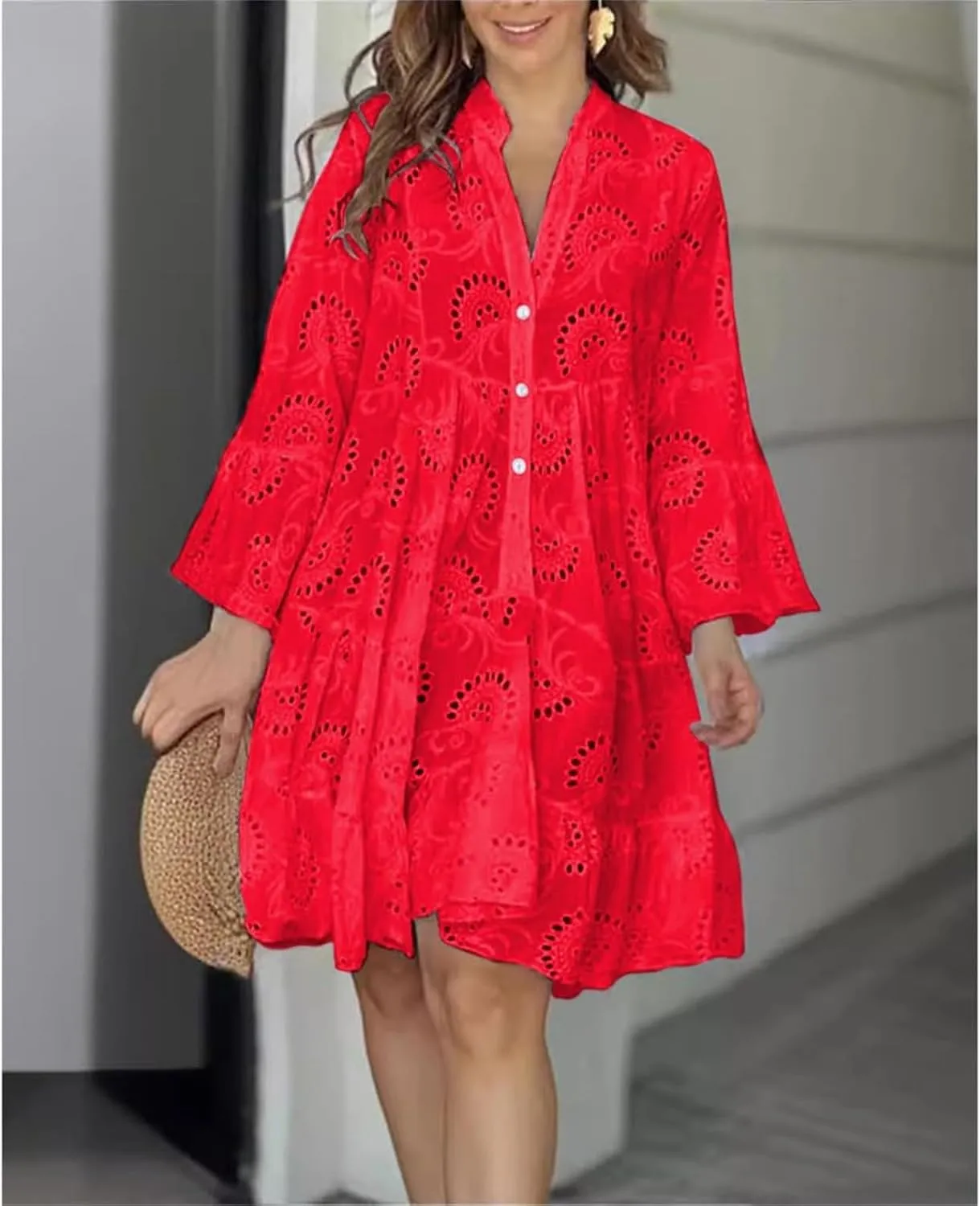 Short Dresses for Women Casual Summer Mini Dress Crochet Plus Size Button Down V Neck Dress T Shirt Beach Sundress