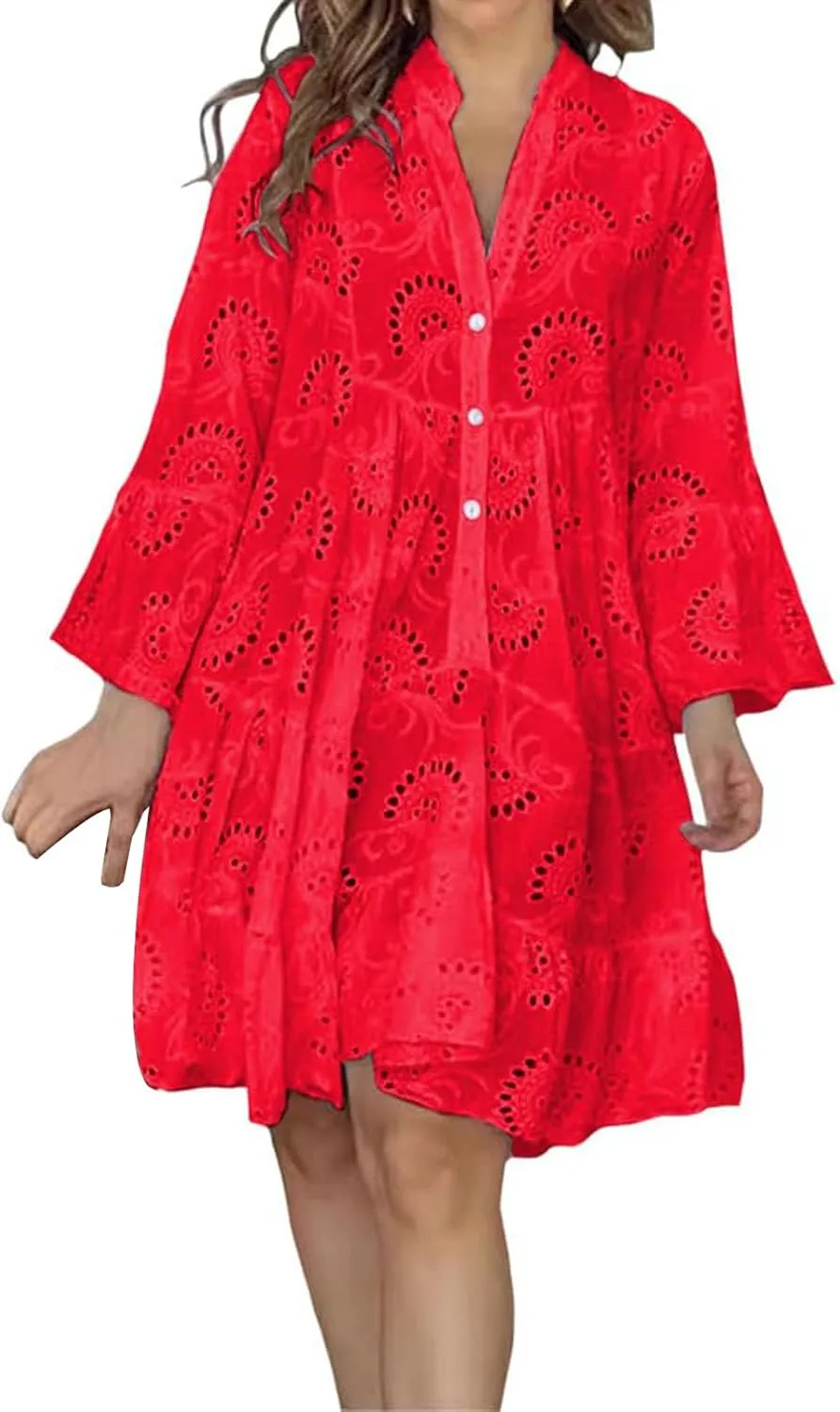 Short Dresses for Women Casual Summer Mini Dress Crochet Plus Size Button Down V Neck Dress T Shirt Beach Sundress