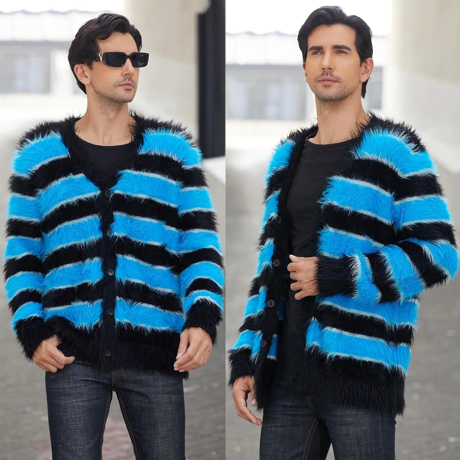 SINAR Men's Casual Fuzzy Cardigan Sweater Long Sleeve Soft Striped Knitwear Winter Warm Cardigan Knitted Sweater