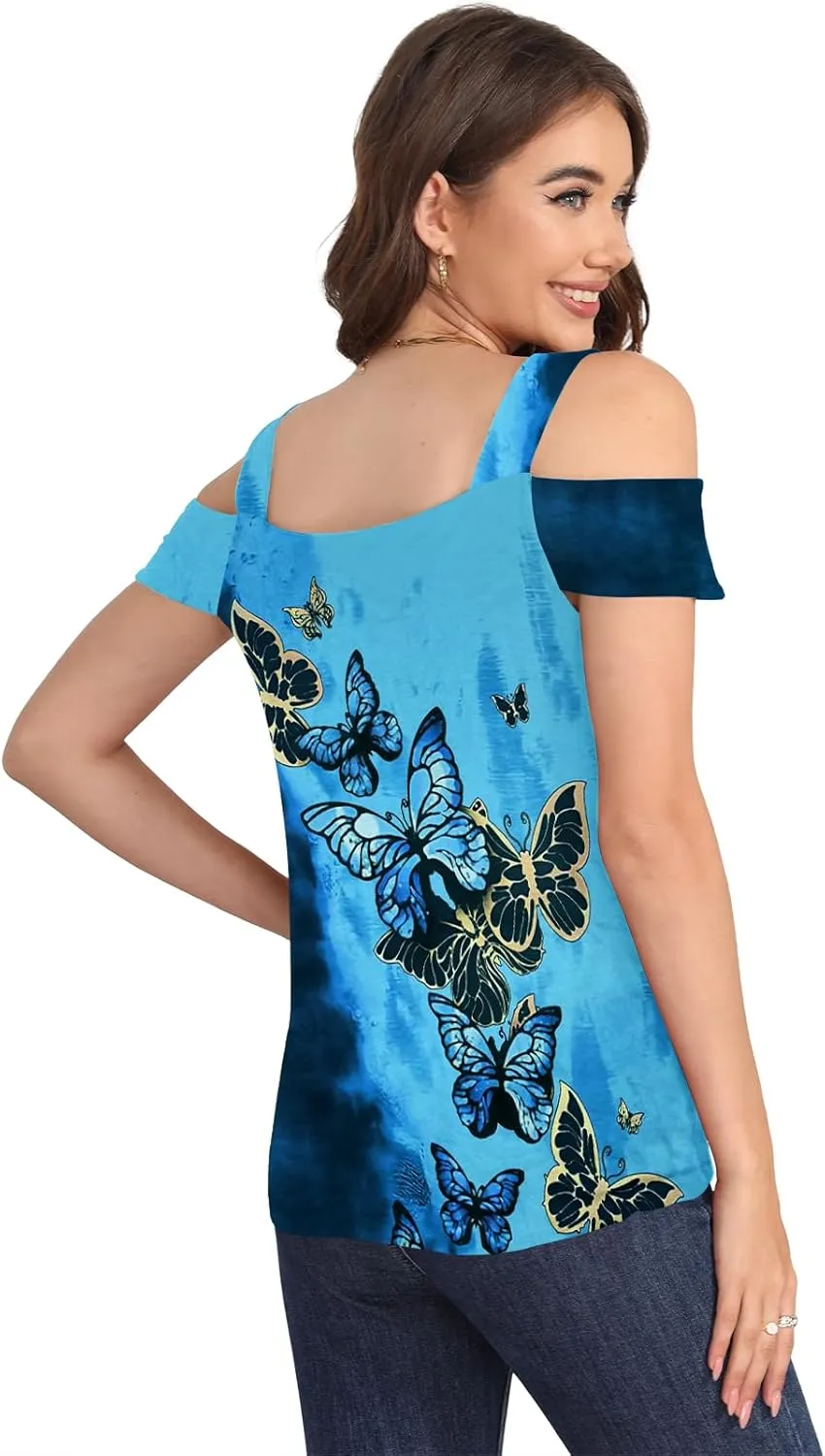 Soesdemo Summer Tops Womens Tunic Top Short Sleeve Cold Shoulder V Neck Loose Fit Basic Tee Casual Tops Shirts Blouse
