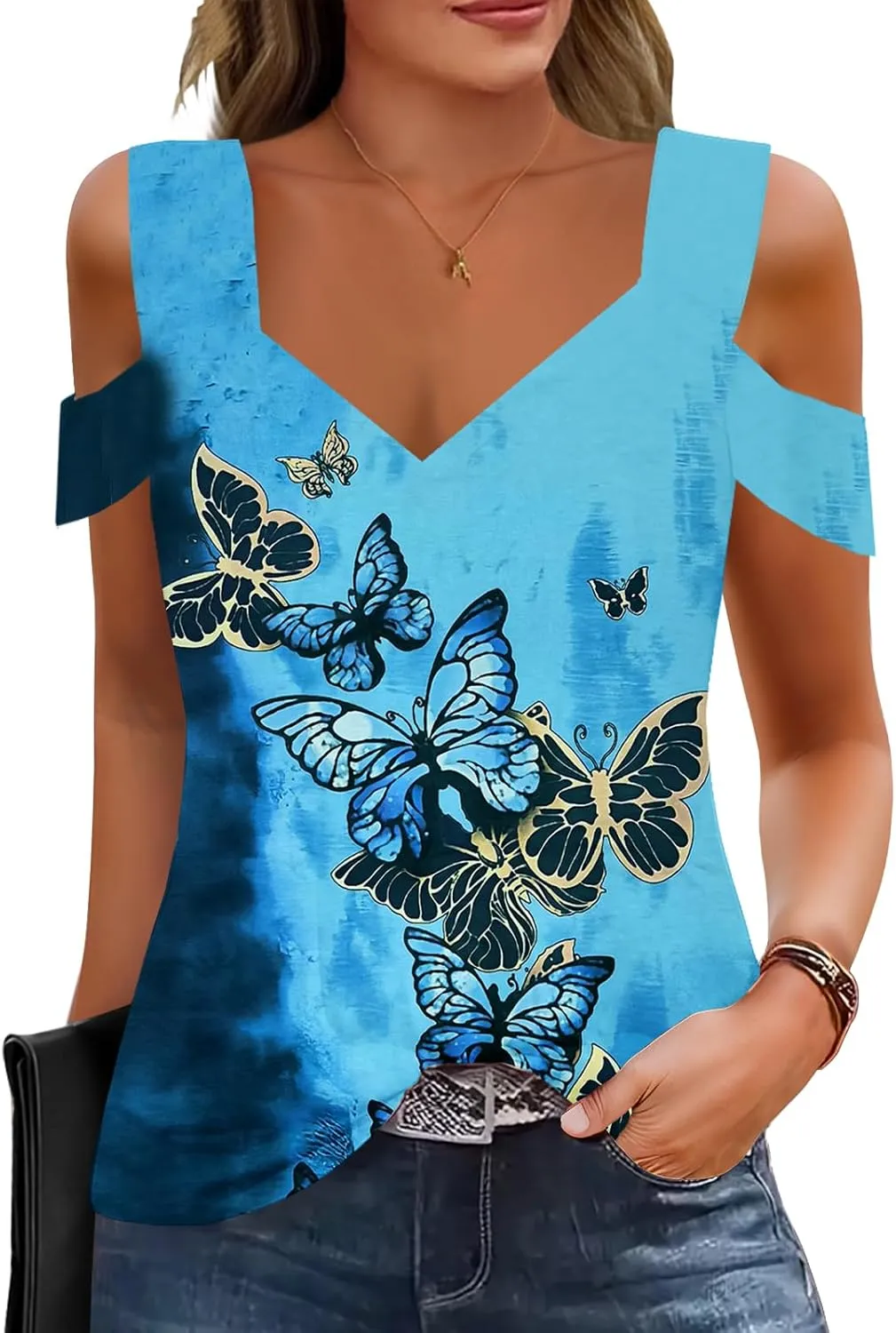 Soesdemo Summer Tops Womens Tunic Top Short Sleeve Cold Shoulder V Neck Loose Fit Basic Tee Casual Tops Shirts Blouse