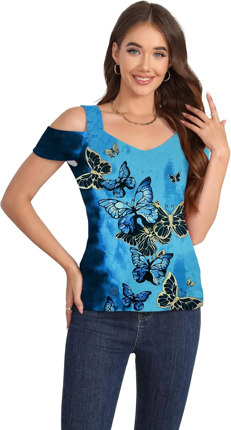 Soesdemo Summer Tops Womens Tunic Top Short Sleeve Cold Shoulder V Neck Loose Fit Basic Tee Casual Tops Shirts Blouse