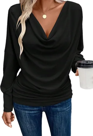 SOLY HUX Women's Cowl Neck Ruched Tops Draped Front Long Sleeve Tee T Shirt Teacher Outfits Work Tops