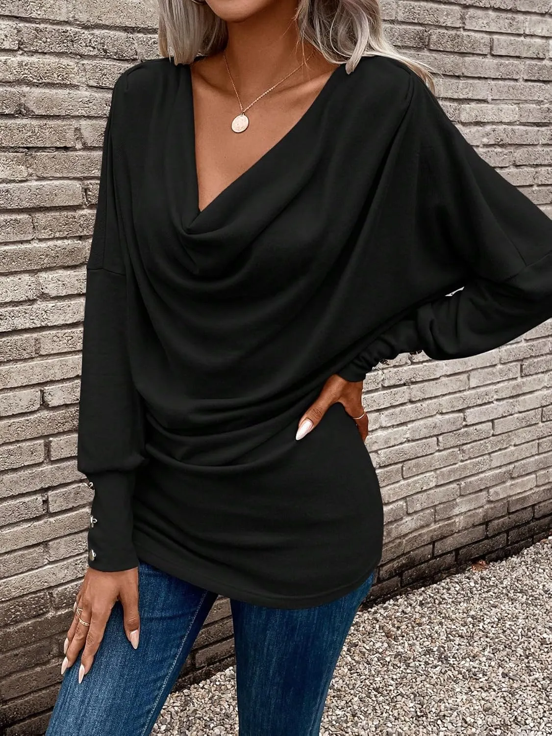 SOLY HUX Women's Cowl Neck Ruched Tops Draped Front Long Sleeve Tee T Shirt Teacher Outfits Work Tops