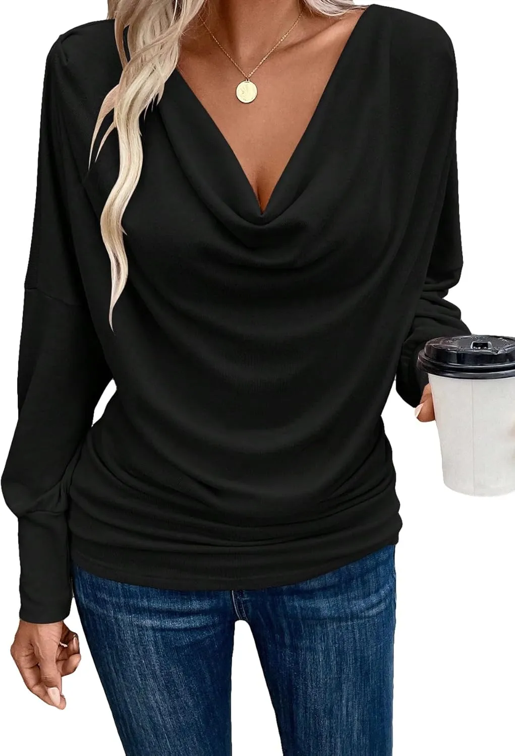 SOLY HUX Women's Cowl Neck Ruched Tops Draped Front Long Sleeve Tee T Shirt Teacher Outfits Work Tops
