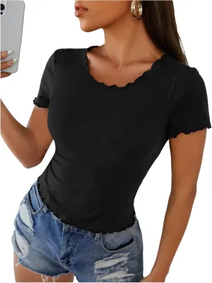 SOLY HUX Women's T Shirt Crew Neck Short Sleeve Lettuce Trim Tee Ribbed Knit Slim Fit Summer Tops