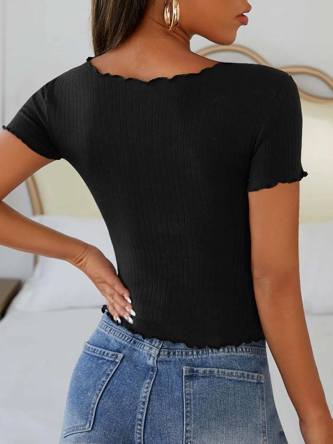 SOLY HUX Women's T Shirt Crew Neck Short Sleeve Lettuce Trim Tee Ribbed Knit Slim Fit Summer Tops