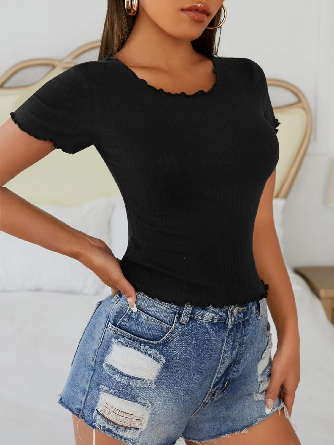 SOLY HUX Women's T Shirt Crew Neck Short Sleeve Lettuce Trim Tee Ribbed Knit Slim Fit Summer Tops