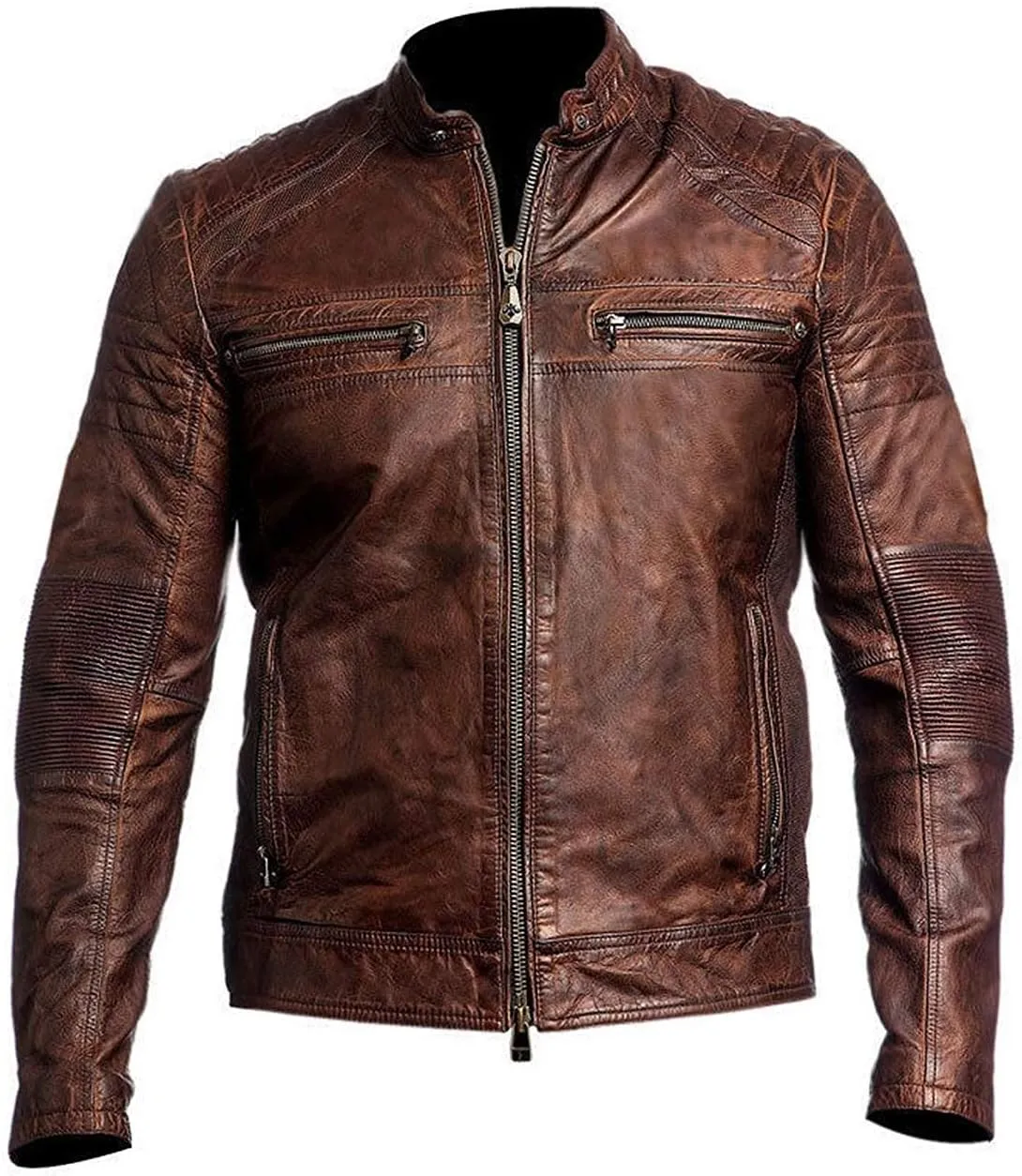 SpazeUp Harley Black Distressed Leather Biker Jacket Men - Vintage Cafe Racer Motorcycle Leather Jackets for Men