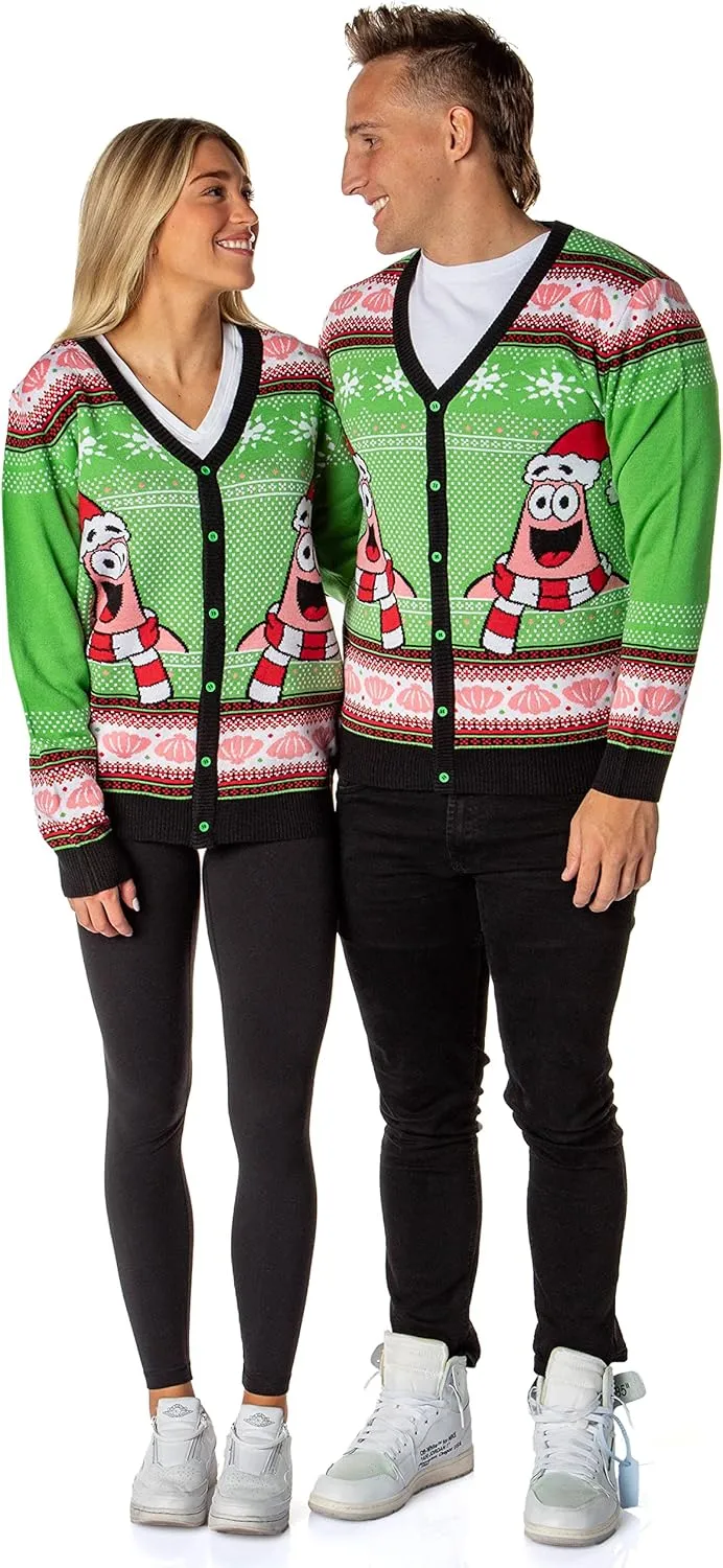 Spongebob Squarepants Men's Santa Patrick Star Ugly Sweater Button-Up Knit Cardigan