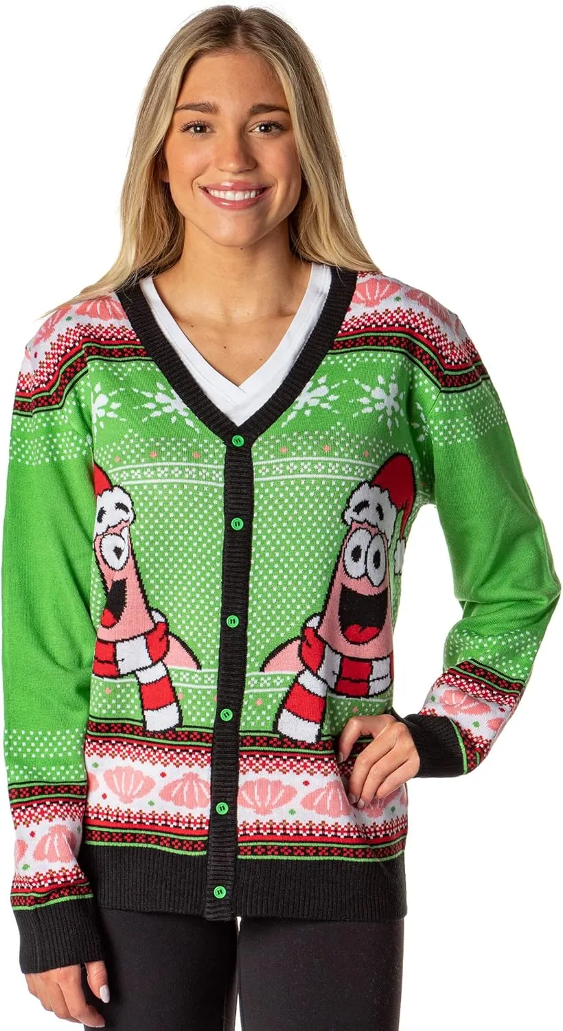 Spongebob Squarepants Men's Santa Patrick Star Ugly Sweater Button-Up Knit Cardigan
