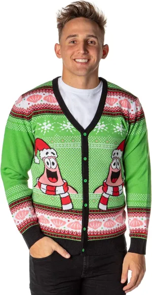 Spongebob Squarepants Men's Santa Patrick Star Ugly Sweater Button-Up Knit Cardigan