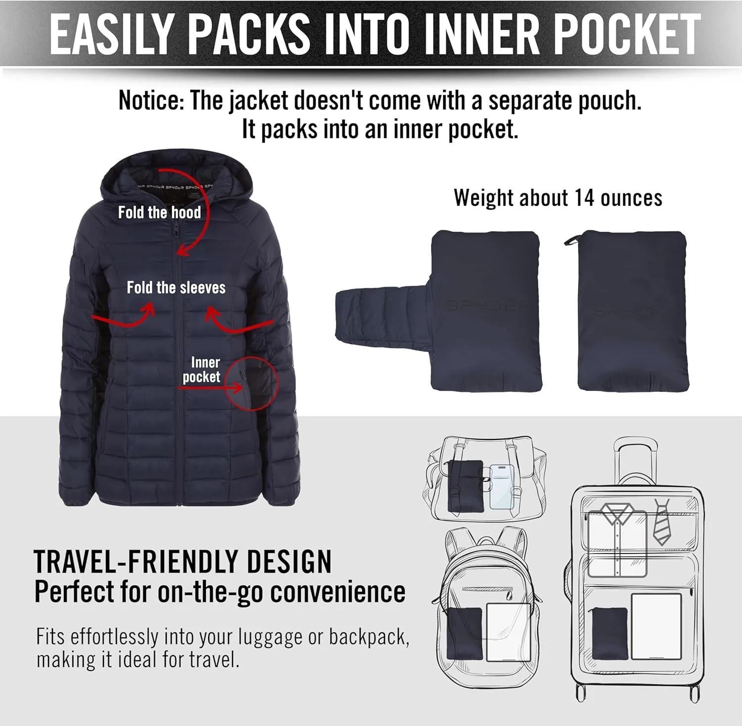 Spyder Packable Puffer Jacket Womens with Hood, Lightweight Full Zip Winter Quilted Womens Puffer Coat