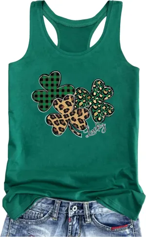 St Patrick's Day Shamrock Tank Tops for Women Lucky Leopard Clover Graphic Racerback T Shirt Paddy's Irish Tops Camisole