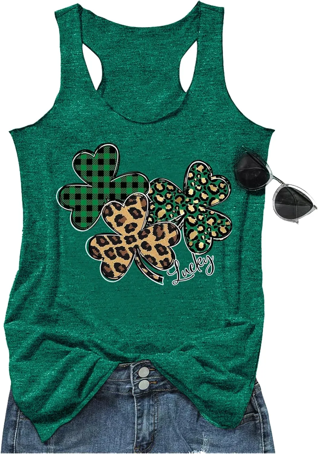 St Patrick's Day Shamrock Tank Tops for Women Lucky Leopard Clover Graphic Racerback T Shirt Paddy's Irish Tops Camisole