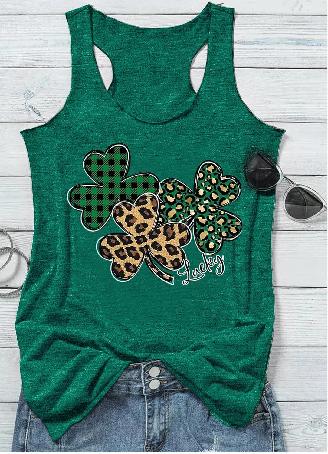 St Patrick's Day Shamrock Tank Tops for Women Lucky Leopard Clover Graphic Racerback T Shirt Paddy's Irish Tops Camisole
