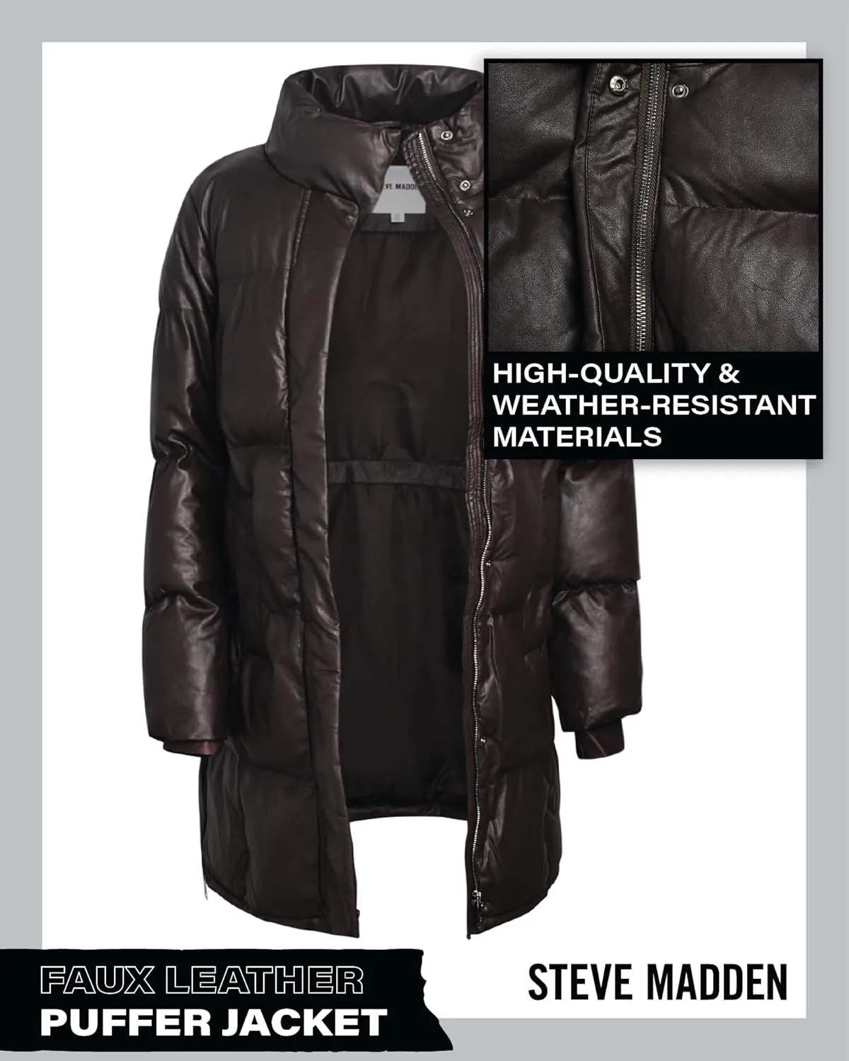 Steve Madden Women's Long Puffer Jacket - Quilted Faux Leather Weather-Resistant Insulated Winter Coat for Women (Sizes:S-XL)