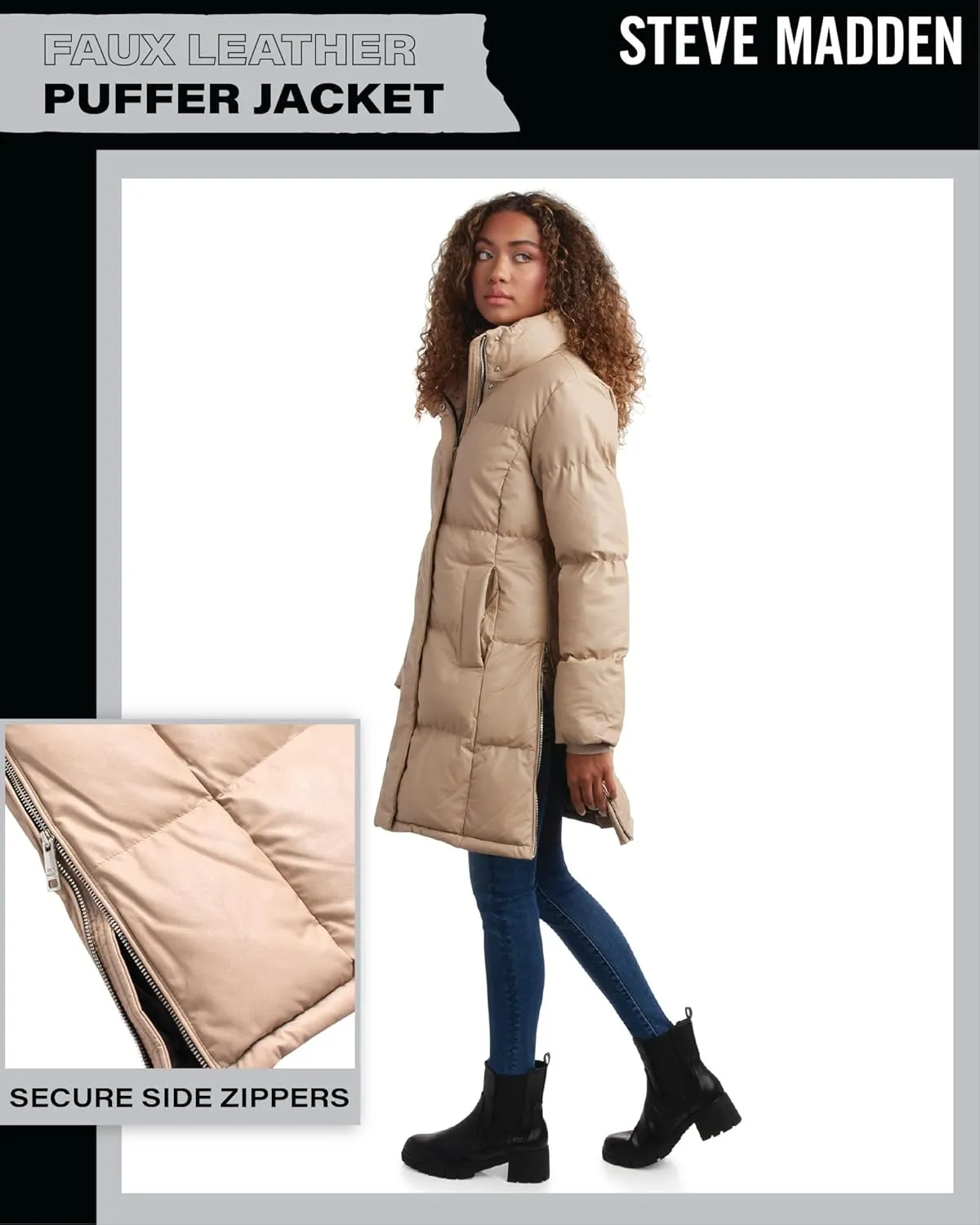 Steve Madden Women's Long Puffer Jacket - Quilted Faux Leather Weather-Resistant Insulated Winter Coat for Women (Sizes:S-XL)