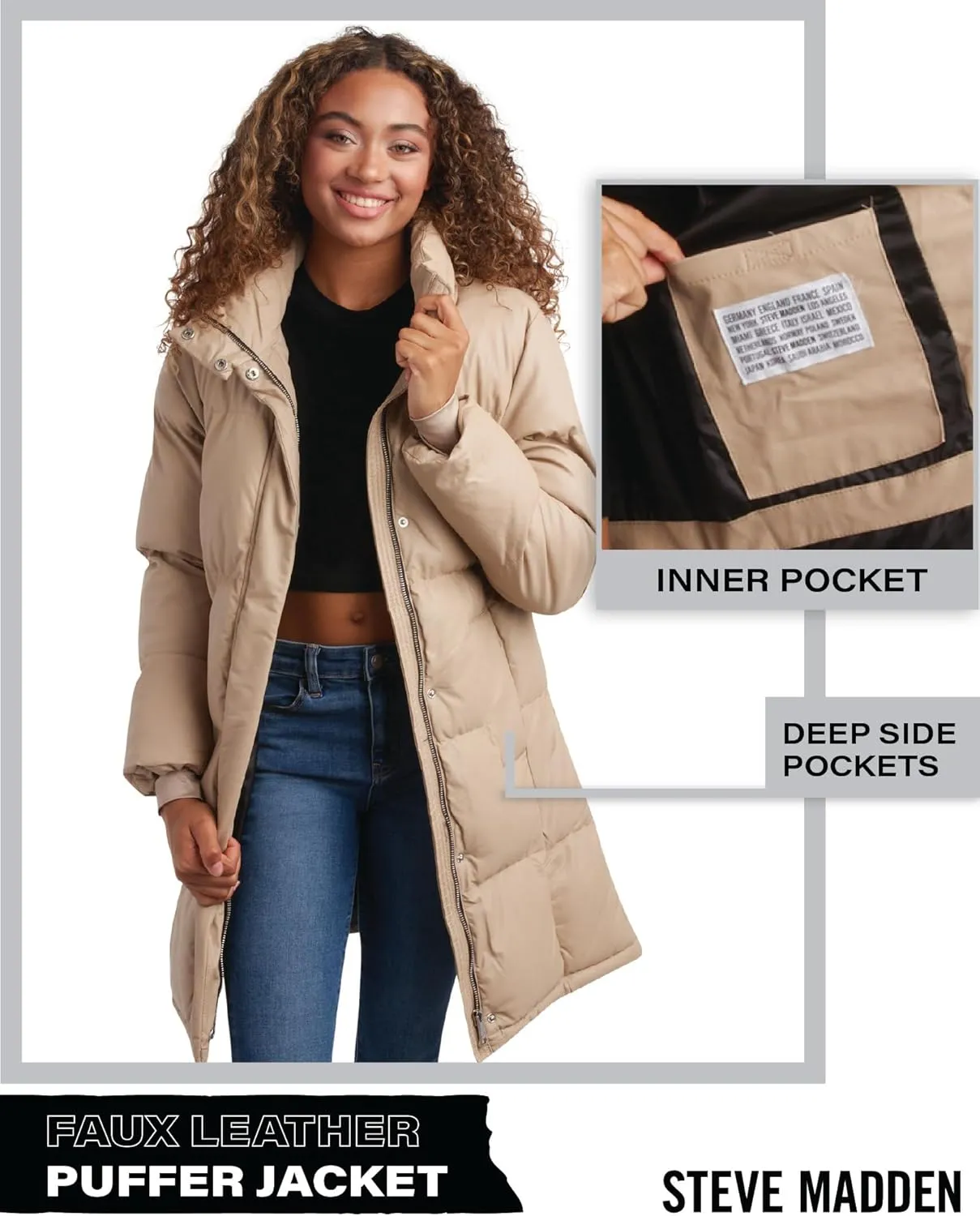 Steve Madden Women's Long Puffer Jacket - Quilted Faux Leather Weather-Resistant Insulated Winter Coat for Women (Sizes:S-XL)
