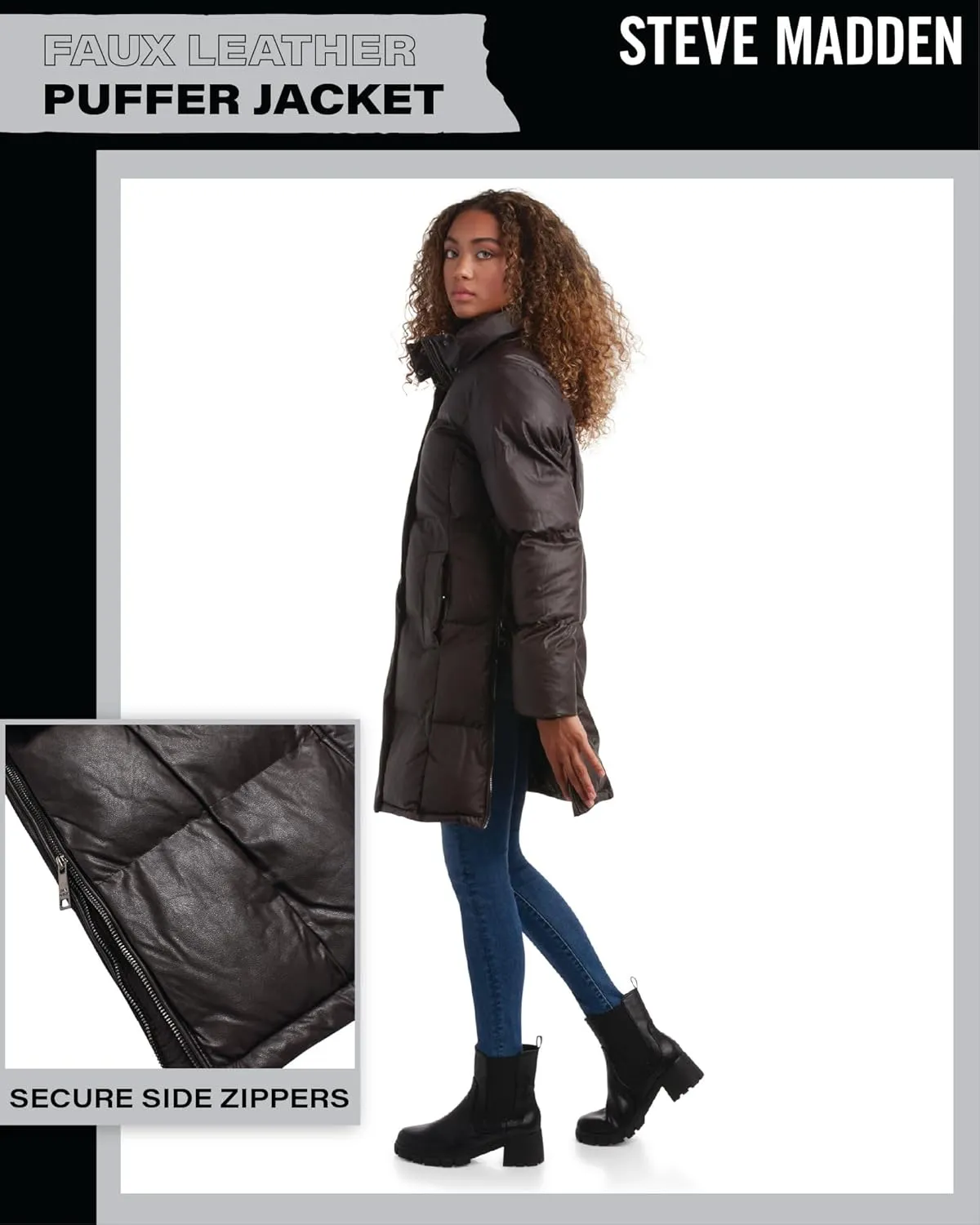 Steve Madden Women's Long Puffer Jacket - Quilted Faux Leather Weather-Resistant Insulated Winter Coat for Women (Sizes:S-XL)