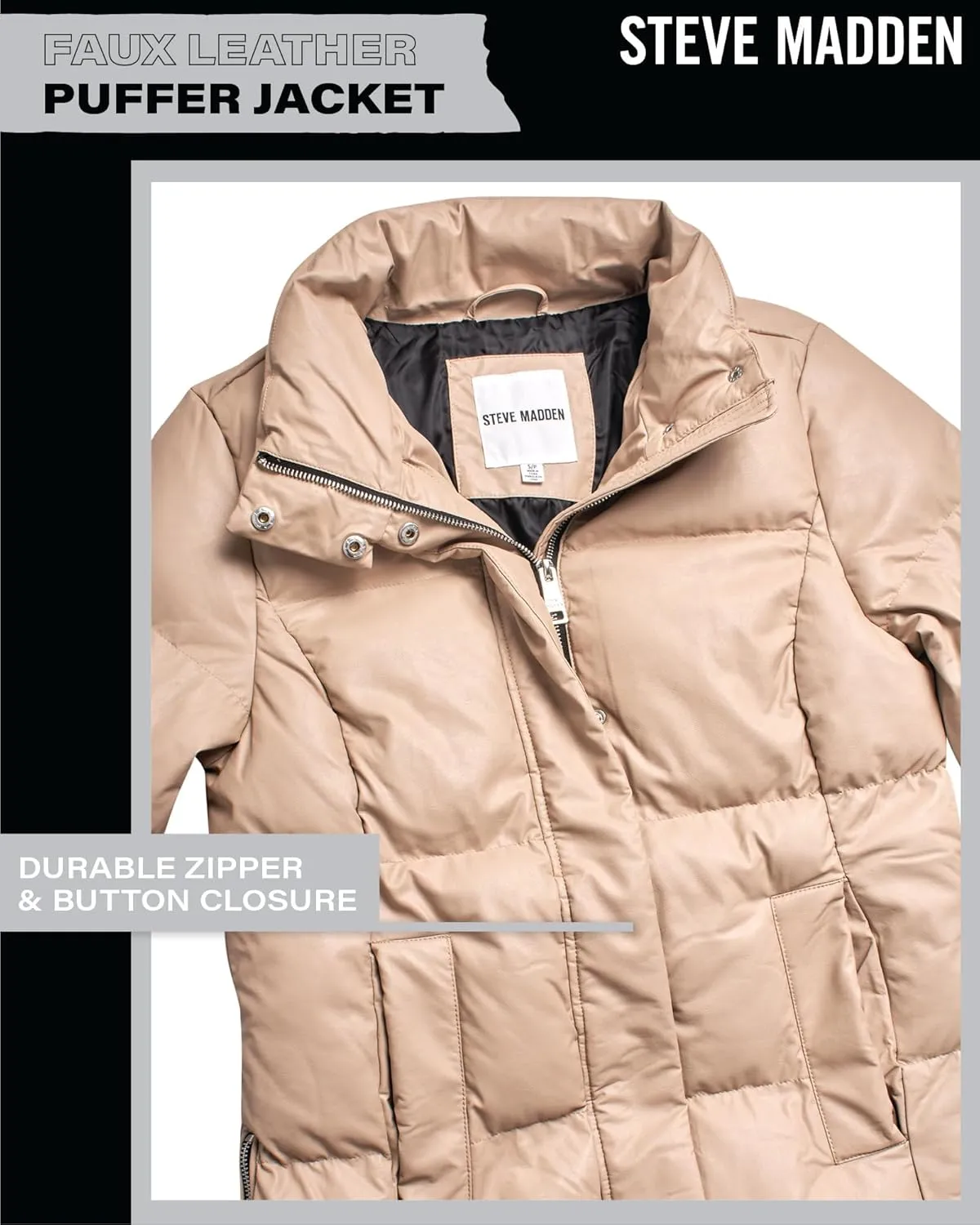 Steve Madden Women's Long Puffer Jacket - Quilted Faux Leather Weather-Resistant Insulated Winter Coat for Women (Sizes:S-XL)