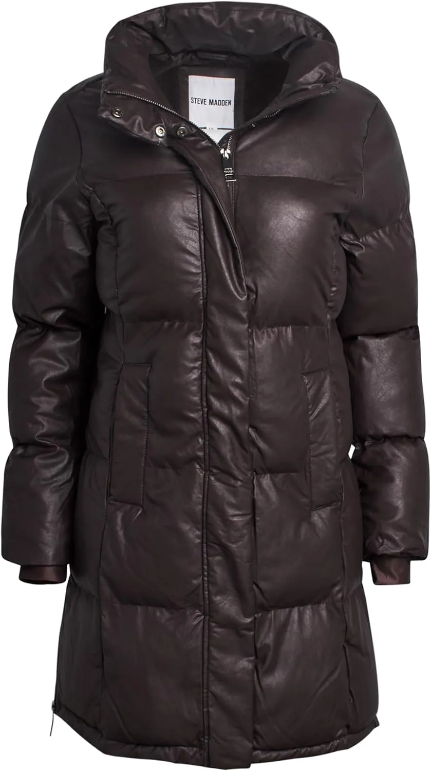 Steve Madden Women's Long Puffer Jacket - Quilted Faux Leather Weather-Resistant Insulated Winter Coat for Women (Sizes:S-XL)