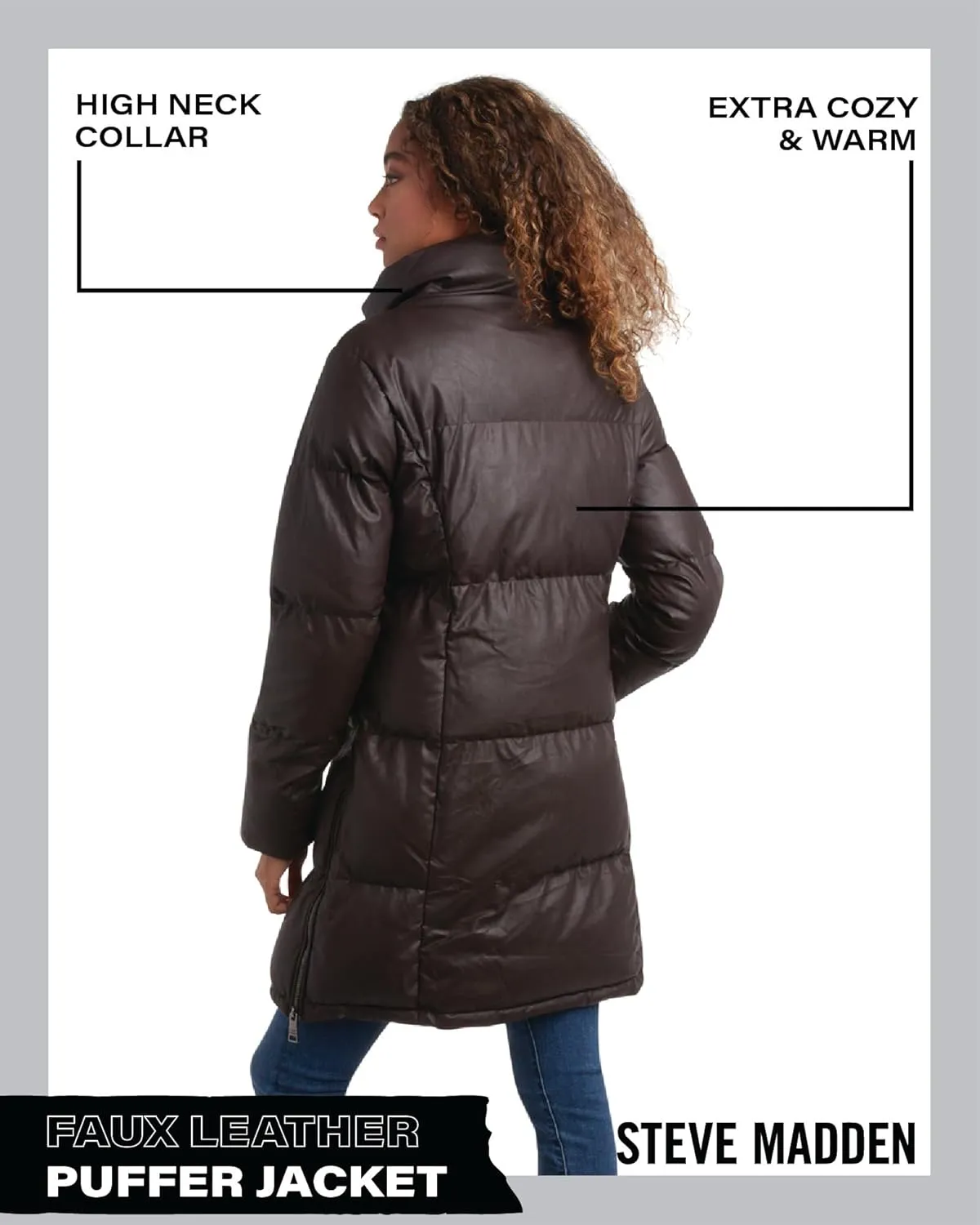 Steve Madden Women's Long Puffer Jacket - Quilted Faux Leather Weather-Resistant Insulated Winter Coat for Women (Sizes:S-XL)