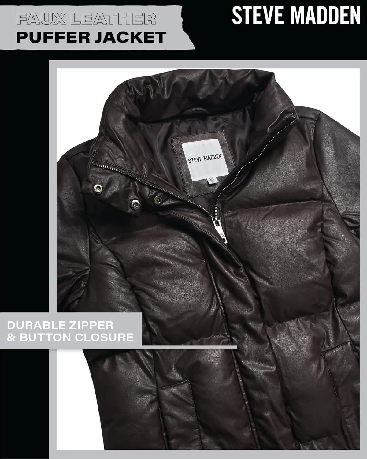 Steve Madden Women's Long Puffer Jacket - Quilted Faux Leather Weather-Resistant Insulated Winter Coat for Women (Sizes:S-XL)