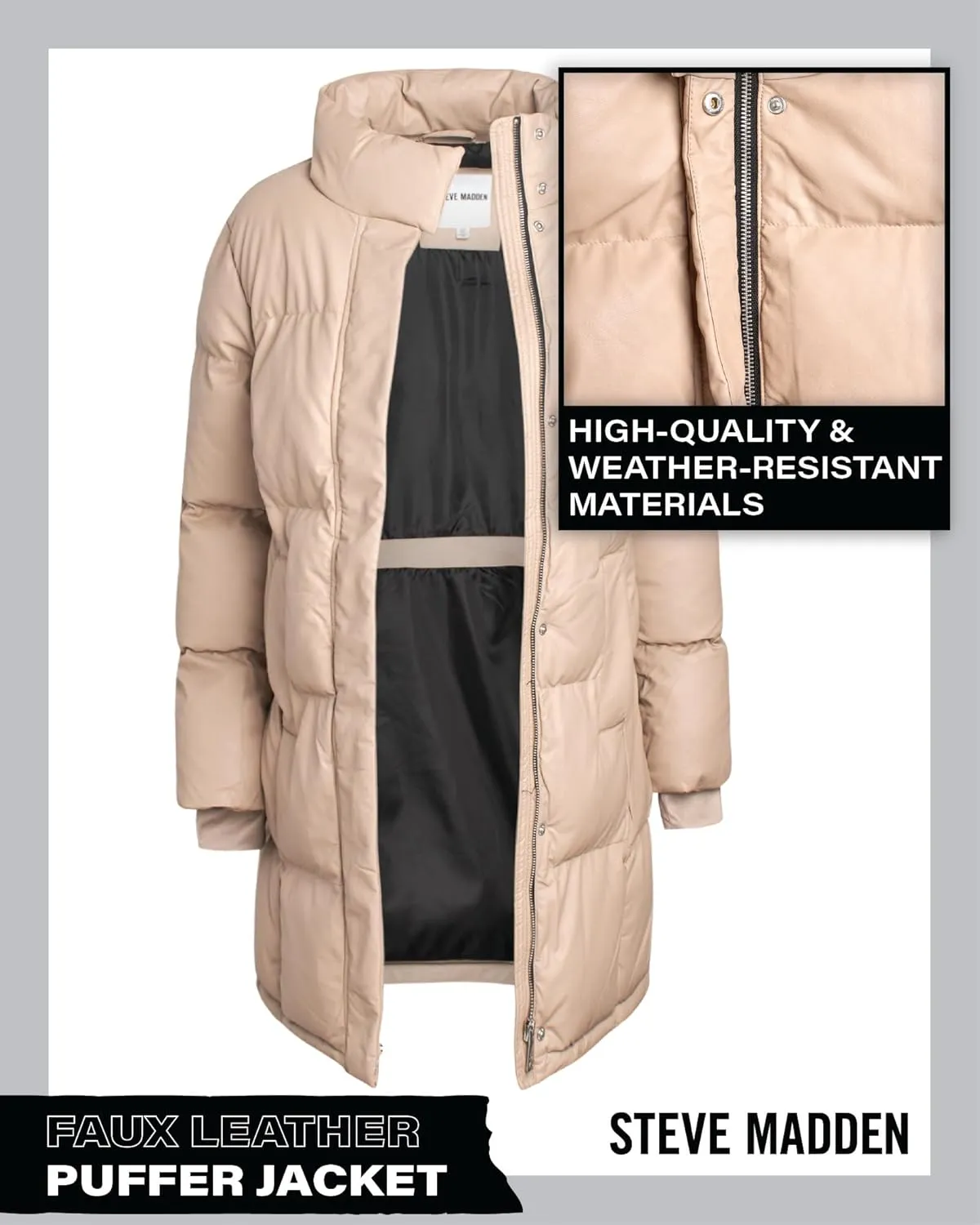 Steve Madden Women's Long Puffer Jacket - Quilted Faux Leather Weather-Resistant Insulated Winter Coat for Women (Sizes:S-XL)