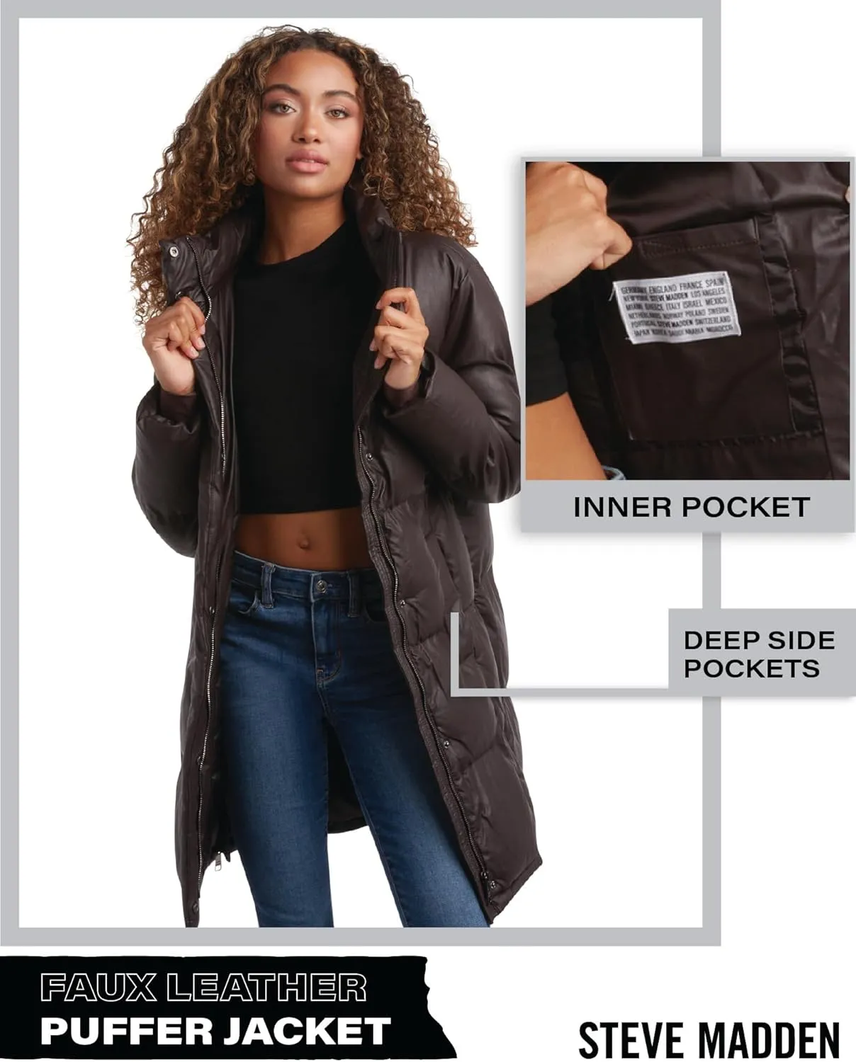 Steve Madden Women's Long Puffer Jacket - Quilted Faux Leather Weather-Resistant Insulated Winter Coat for Women (Sizes:S-XL)