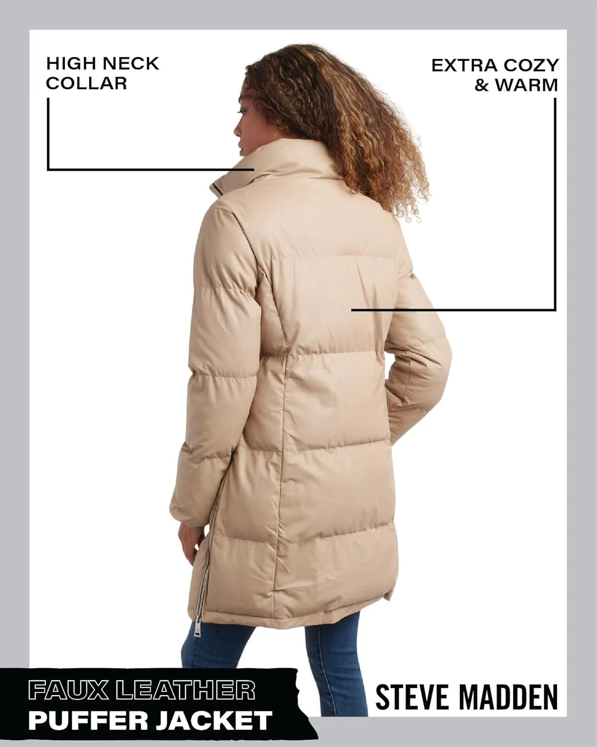 Steve Madden Women's Long Puffer Jacket - Quilted Faux Leather Weather-Resistant Insulated Winter Coat for Women (Sizes:S-XL)
