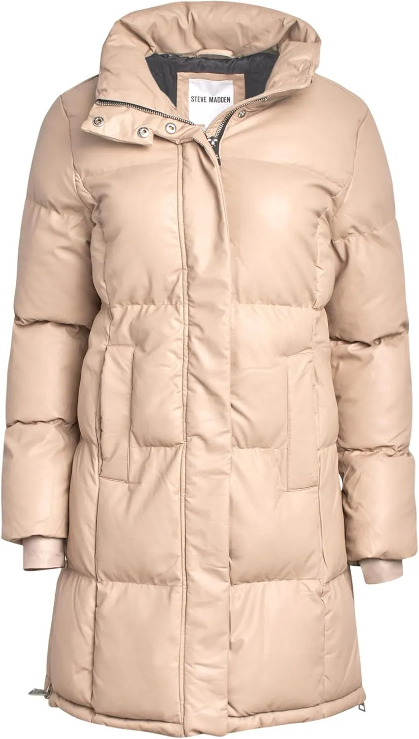 Steve Madden Women's Long Puffer Jacket - Quilted Faux Leather Weather-Resistant Insulated Winter Coat for Women (Sizes:S-XL)