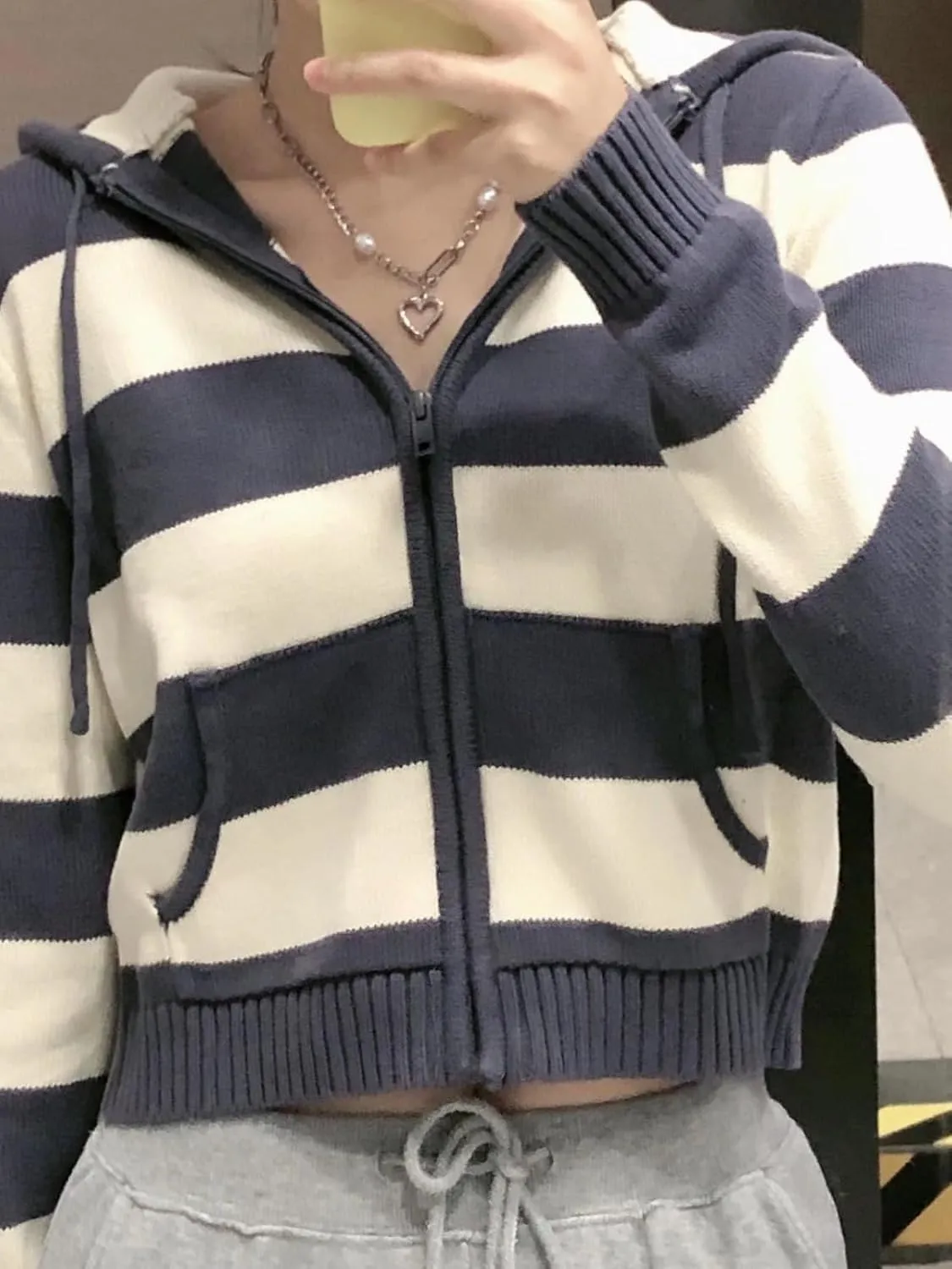 Striped Cropped Zip Up Hoodie Y2k Knit Sweater Cardigan Women Teen Knit Jackets Preppy Grunge Emo Streetwear