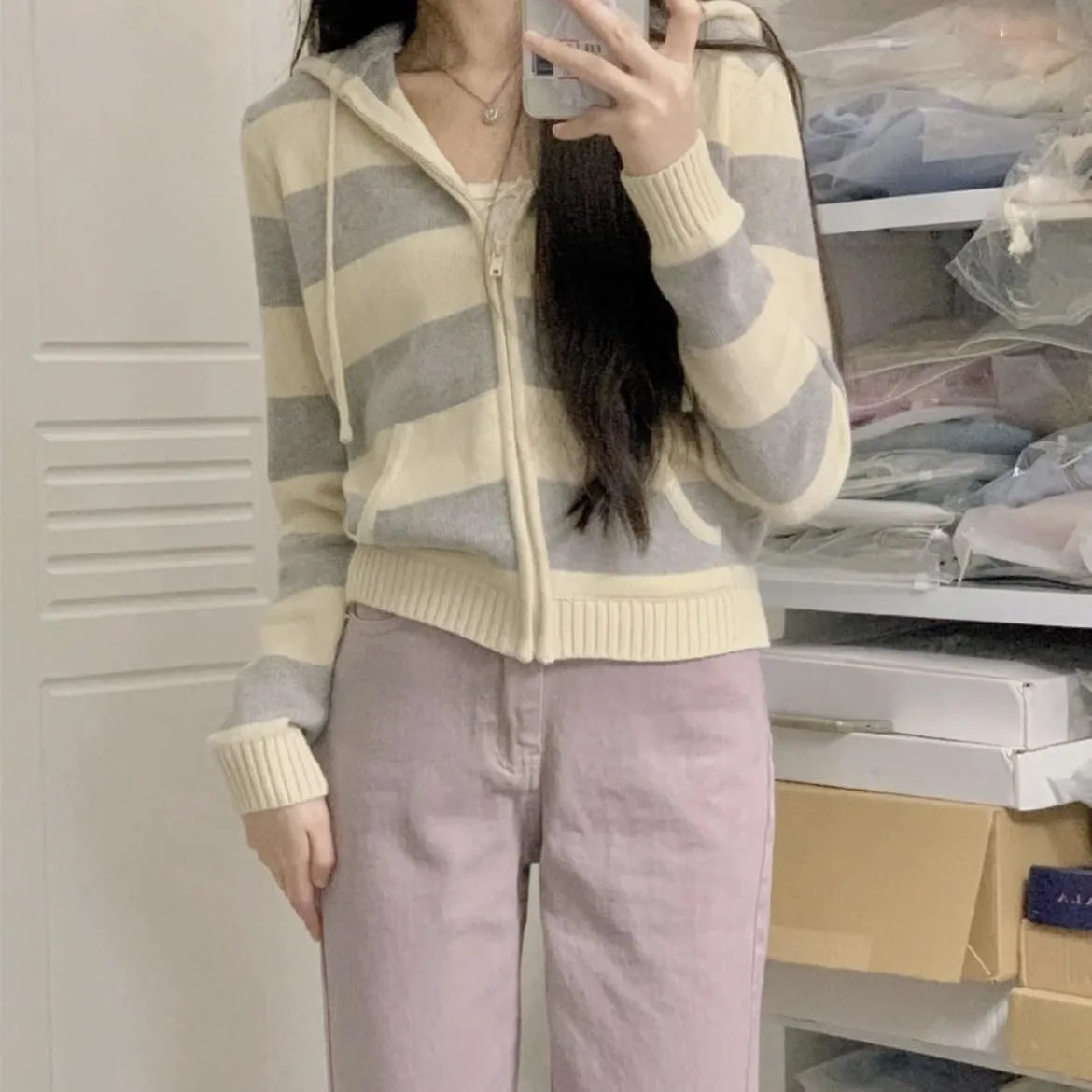 Striped Cropped Zip Up Hoodie Y2k Knit Sweater Cardigan Women Teen Knit Jackets Preppy Grunge Emo Streetwear