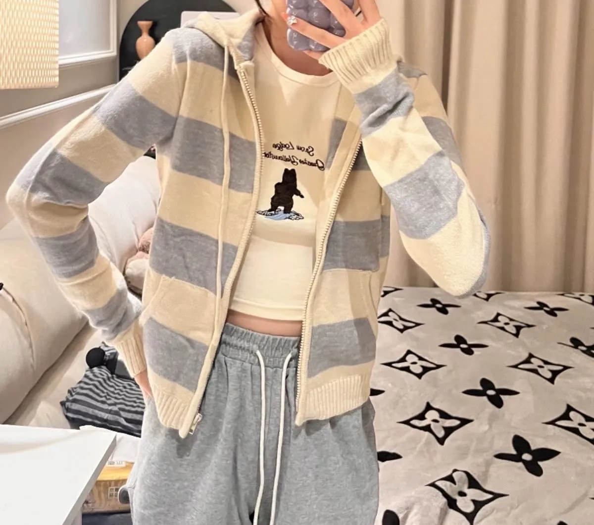 Striped Cropped Zip Up Hoodie Y2k Knit Sweater Cardigan Women Teen Knit Jackets Preppy Grunge Emo Streetwear