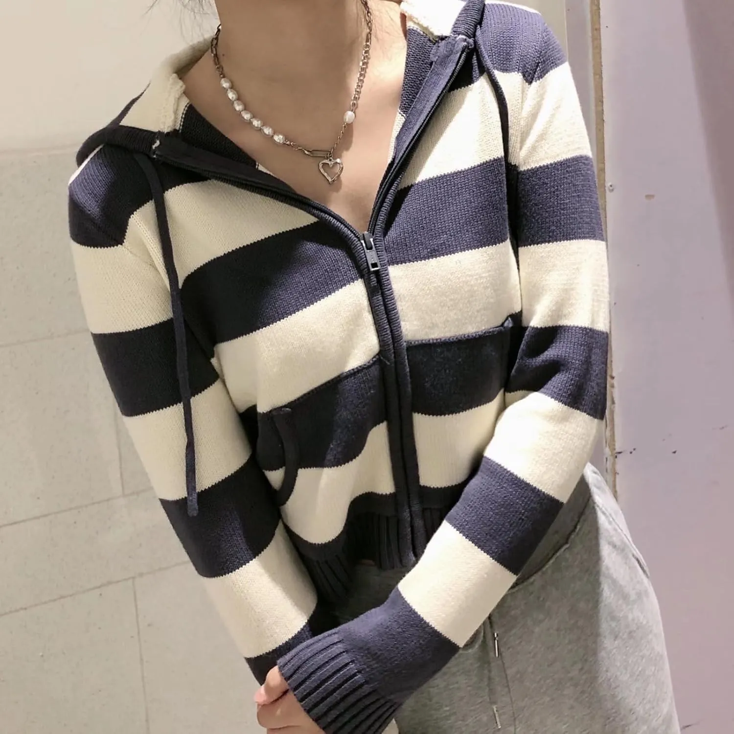 Striped Cropped Zip Up Hoodie Y2k Knit Sweater Cardigan Women Teen Knit Jackets Preppy Grunge Emo Streetwear