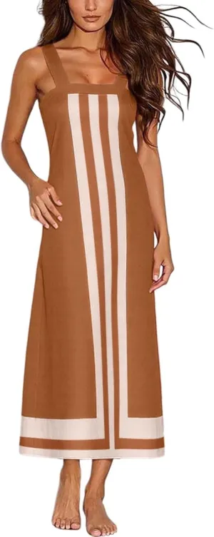 Summer Color Blocks Dresses for Women Spaghetti Straps Baggy Midi Dress Sleeveless Casual Trendy Vacation Beach Dress