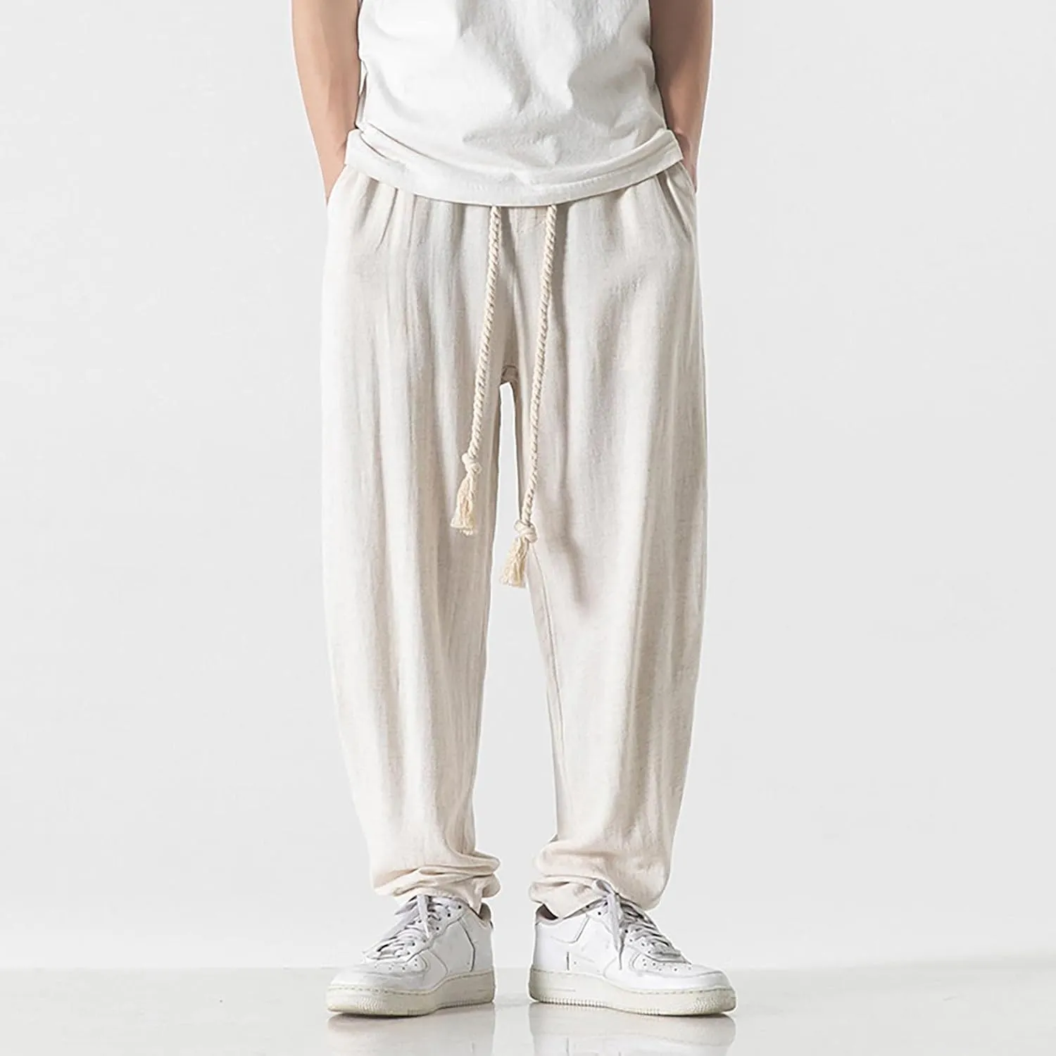 SUWBMHWE Harem Pants Men Mens Everyday Wear Lounge Japanese with Pockets Shorts Summer Beach Linen for Oversized Yoga