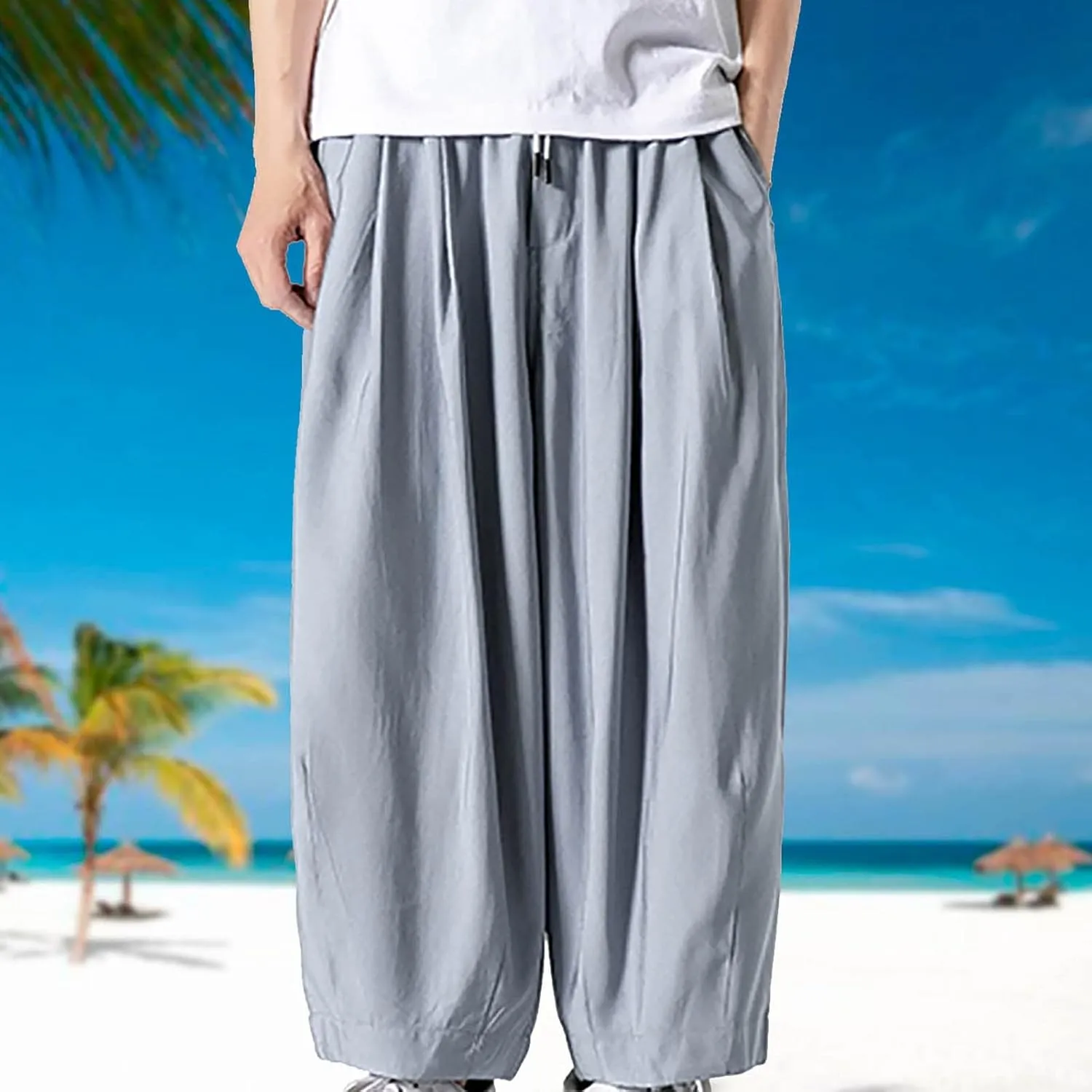 SUWBMHWE Mens Harem Pants Men Summer Beach Lounge Hippie Linen Graphic Wide-Leg Trousers Boho Toji Baggy Plus Size