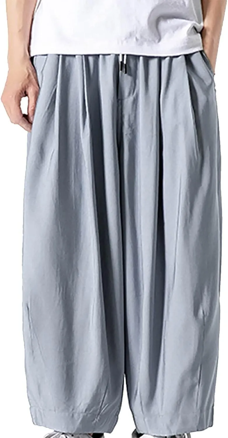 SUWBMHWE Mens Harem Pants Men Summer Beach Lounge Hippie Linen Graphic Wide-Leg Trousers Boho Toji Baggy Plus Size